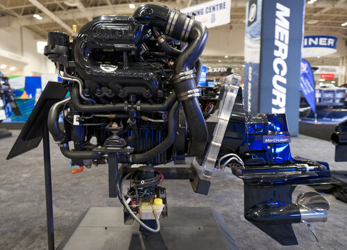 TORONTO-JANUARY 19, 2024: Mercury 4.5L Sterndrive outboard engine on display at the Toronto International Boat Show, the largest indoor show held in North America.