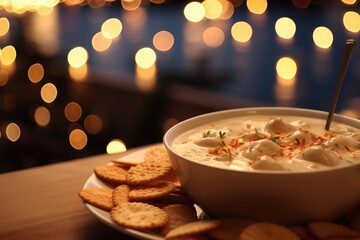 Close-up of a bowl of clam chowder with oyster crackers. - obrazy, fototapety, plakaty