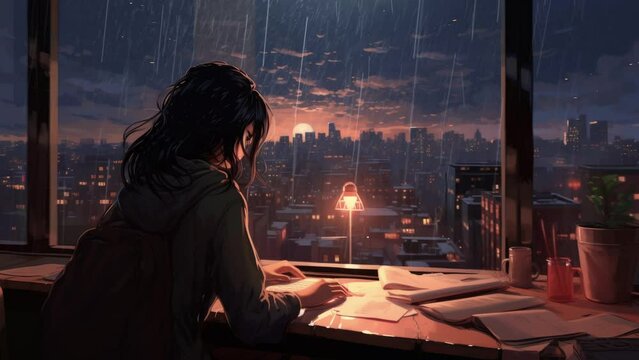 Lofi Girl studying at her desk. Rain ourside, beautiful chill, atmospheric wallpaper. 4K background. lo-fi, hip-hop style. Anime manga style.. Lofi desk window. Rain effect.
