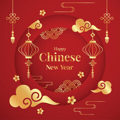 Fototapeta na wymiar Happy Chinese New Year vector, Year of the Dragon banner template design on a gradient red background, gold hanging lantern. Modern luxury oriental illustration for cover, banner, and website.