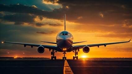 Fototapeta na wymiar Avión comercial en pista de aterrizaje en un aeropuerto al atardecer