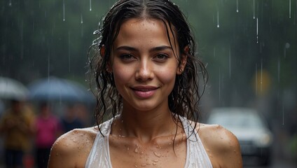 latin american woman smiling at camera in the rain, closeup