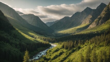 Valle verde con montañas, nubes y un río