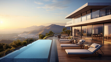 Fototapeta premium beautiful perspective of modern building with terrace and swimming pool at sunset