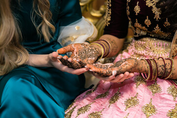 Indian bride's henna mehendi mehndi hands close up