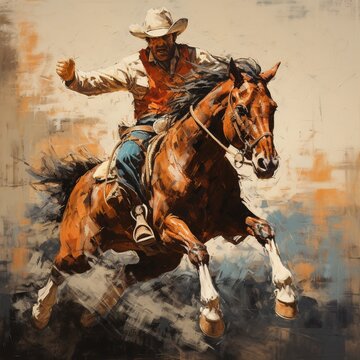 Cowboy riding bucking bronco horses image Generative AI