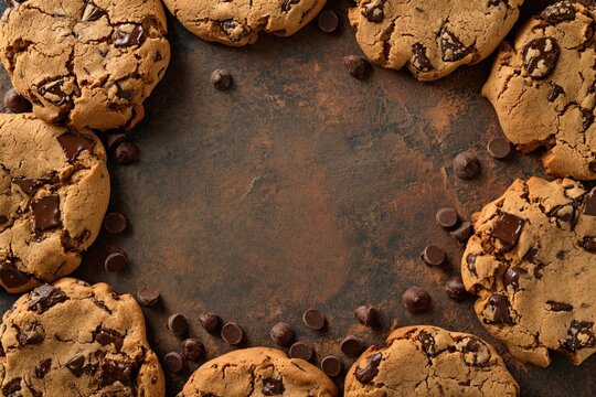 chocolate chip cookies frame. flat lay with copy space.
