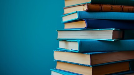 Vintage books stacked neatly against a tranquil blue backdrop