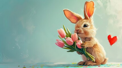 Cute rabbit holding a bouquet of pink soft tulips in his paws, declaration of love for Valentine's Day, cozy animal love card on blue background with copy space for text