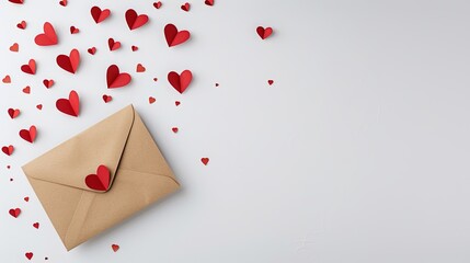 Craft envelope with a message of love, a declaration of feelings, on a white background with hearts around. message of love on valentine's day. Space for text on card Copy space image