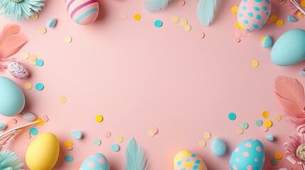 Fototapeta na wymiar Colorful Easter eggs and feathers around picture frame on blue background Minimalistic concept Top down perspective Space for text on card Copy space image Space to add text or design