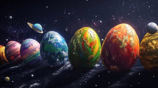 Painted Easter eggs in the form of planets on the dark starry sky in galaxy, fantasy space illustration for the Easter Orthodox holiday
