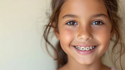 Indian beautiful young girl in braces smiles happily. Taking care of dental health, oral hygiene. Advertising for pediatric dentistry - obrazy, fototapety, plakaty