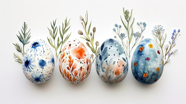 Easter colorful eggs with beautiful traditional natural floral elegant painting on white backgeound