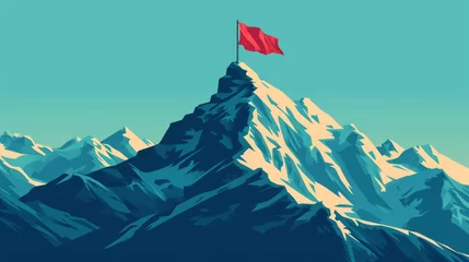 Foto op Plexiglas A majestic mountain peak crowned with a vibrant red flag, symbolizing achievement and adventure, goal of business concept © Kanisorn