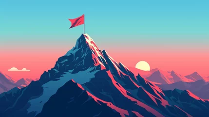 Deurstickers A majestic mountain peak crowned with a vibrant red flag, symbolizing achievement and adventure, goal of business concept © Kanisorn