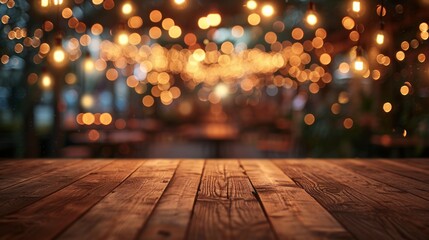 Warm bokeh lights create an enchanting atmosphere over a rustic wooden table - obrazy, fototapety, plakaty