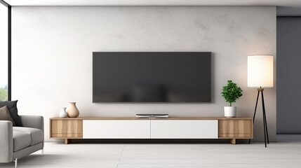 Fototapeta na wymiar view of comfortable minimal living room with television on wall