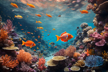Fototapeta na wymiar Colorful undersea coral reefs with tiny little fishes