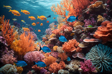 Colorful undersea coral reefs with tiny little fishes - obrazy, fototapety, plakaty
