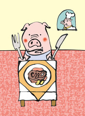 レストランでステーキを食べる豚さん