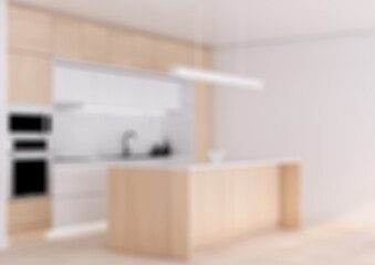 Blur minimal kitchen, blur counter pantry and counter island. 3D illustration