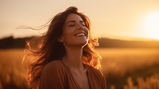 Backlit_Portrait_of_calm_happy_smiling_free_woman_will concept image in sunset background