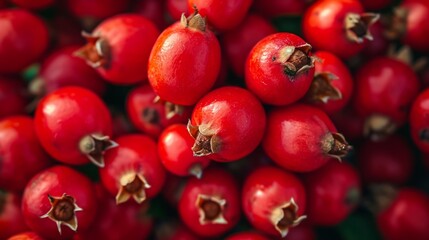 Close-up of vibrant red rosehips clustered against a blurred background
