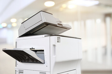 Copier or photocopier or photocopy machine office equipment workplace for scanner or scanning document or printer for printing paperwork hard copy paper duplicate Xerox or service maintenance repair. - obrazy, fototapety, plakaty