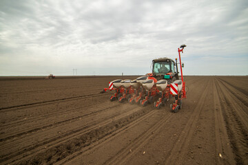 Fototapeta premium Sowing crops at agricultural fields in spring