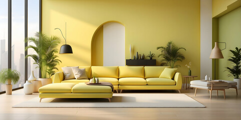 living room design with yellow interior, ai generative