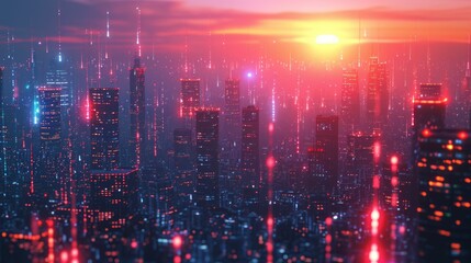 Fototapeta premium cityscape interconnected by fiber optic cables, symbolizing rapid information exchange