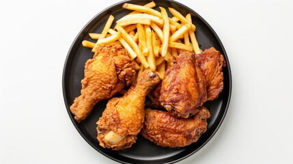 Fried chicken and golden fries elegantly presented on a sleek black plate, set against a pristine white background, showcasing the epitome of gourmet comfort food