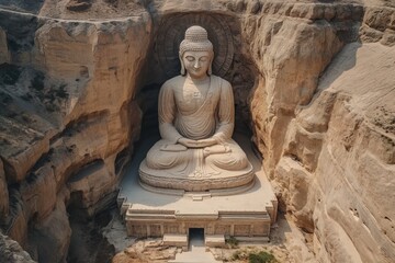 Fototapeta na wymiar Huge Buddha statue carved out of stone in a mountain, aerial view