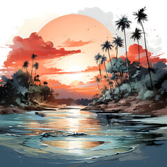 Portraits of Tropical paradise in watercolor