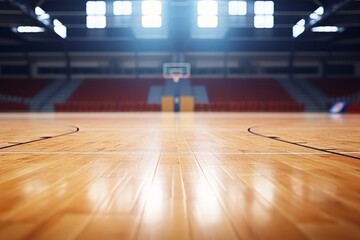 A basketball arena, showcasing the wooden floor of a basketball court