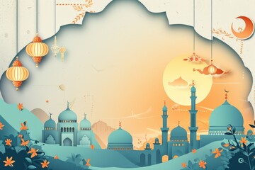 Eid mubarak and Ramadhan Kareem Minimalist Greeting Card Template with Islamic Design Elements