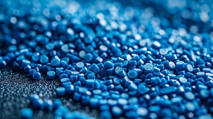 Close-up of shiny blue plastic pellets on a smooth matte surface - obrazy, fototapety, plakaty