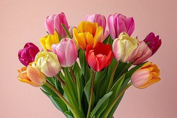 Bouquet of colorful tulips on pink background. Spring flowers concept. Design for greeting card, banner, poster. Springtime holiday