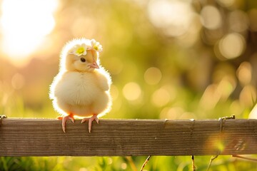 Chick on wooden fence in sunlight with soft background. Spring nature. Easter celebration concept. Design for greeting card, banner, poster with copy space. Cute funny animal