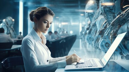 Futuristic cyber business and intelligence robotic working concept in modern global business