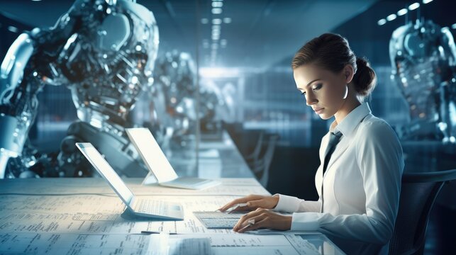 Futuristic cyber business and intelligence robotic working concept in modern global business