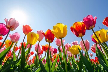 Colorful tulips field with blue sky and sunlight. Springtime flowers concept for poster, invitation, and banner. Low angle view. Springtime holiday
