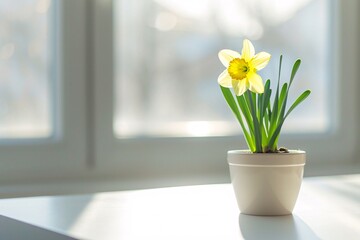 Obraz na płótnie Canvas Single daffodil in white pot on windowsill. Easter celebration concept. Design for greeting card, banner, poster with copy space. Minimalistic composition