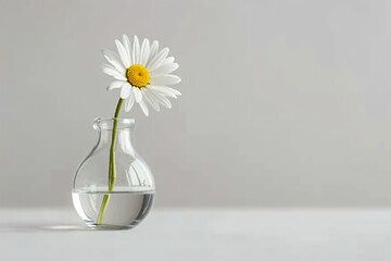 Single daisy flower in a small glass vase on a grey background. Springtime beauty. Simplicity and nature concept. Design for greeting card, invitation, poster with copy space. Minimalistic composition