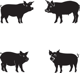 Set of Pig black silhouette on white background 