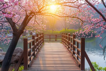 Fototapeta na wymiar Wooden bridge in a park with blooming cherry blossoms during sunrise. Nature shot. Spring and tranquility concept. Design for greeting card, poster, banner