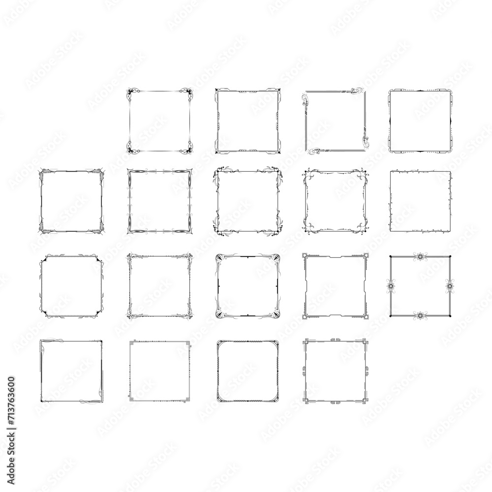 Poster set black simple line frame collection doodle square floral frame elements vector design style sketc