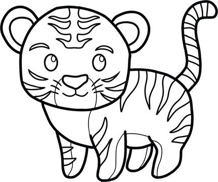 Cute Tiger Coloring Page Vector Illustration. Cute Simple Tiger Cartoon Coloring Page with white Background.