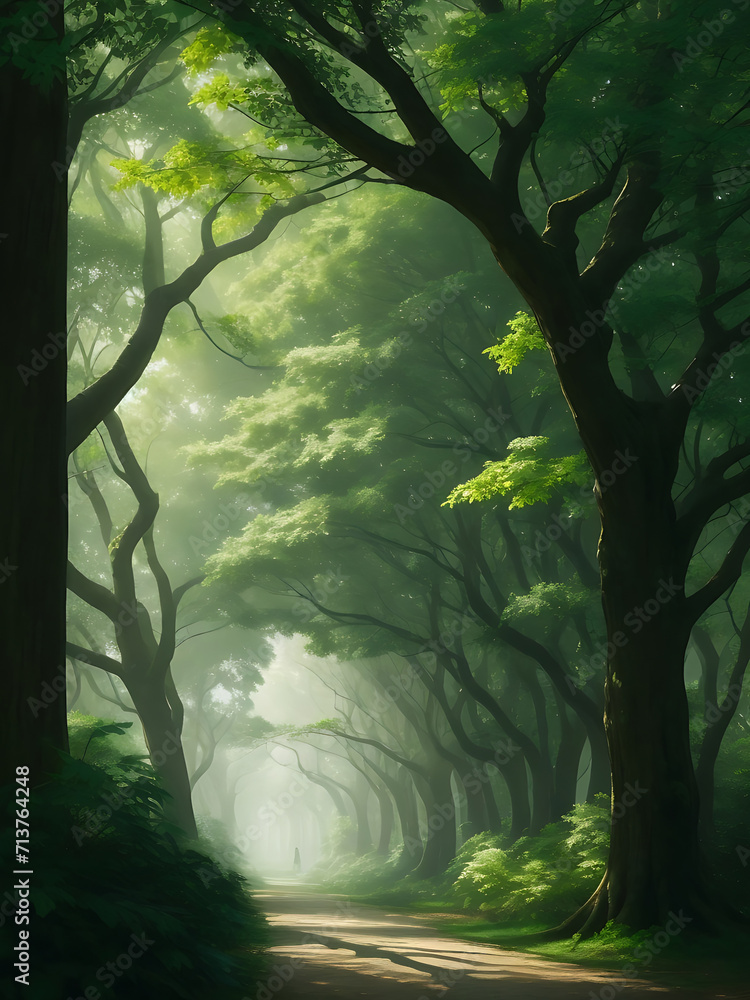 Poster in the background, majestic trees with branches reaching towards the sky create a canopy that provid